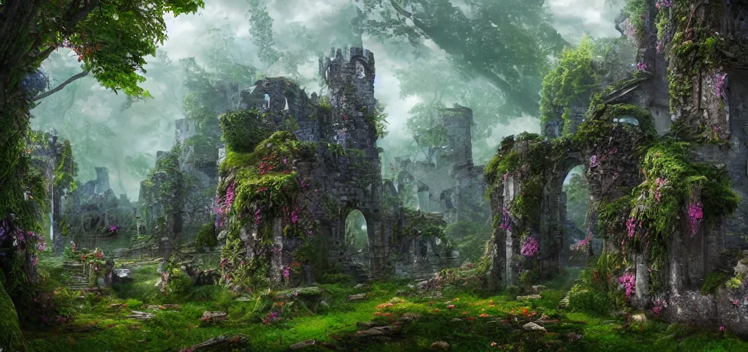 Prompt: enormous castle ruins overgrown in picturesque fantasy mystical fairy tale forest vibrant colours, 8k photorealistic, black background, HD, high details, trending on artstation