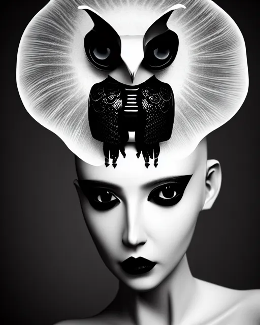 Image similar to surreal mythical dreamy dark artistic black and white fine art 3 / 4 fashion portrait photo of a young beautiful delicate female robot with orchid - owl face, rim light, cinematic, studio dramatic light, poetic, masterpiece, octane render, 8 k, photo - realistic by hg giger and man ray