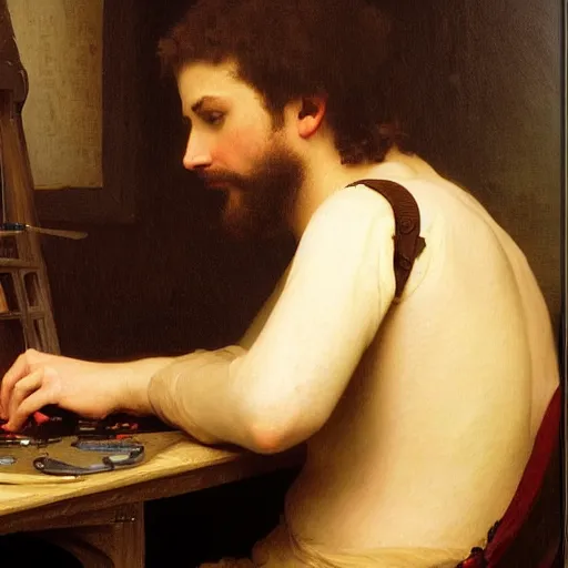 Image similar to an oil painting of an man playing a PC gaming, by Bouguereau, highly detailed and intricate,