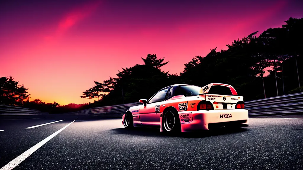 Image similar to a car drift spec mazda fc3s rx7 in middle of road, gunma prefecture, city sunset night, cinematic color, photorealistic, highly detailed