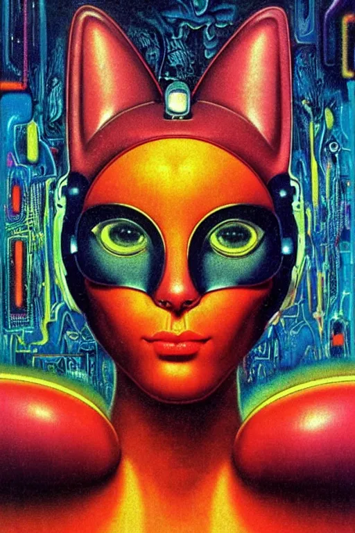 Image similar to 8 0 s art deco close up portait of cyber cat, rain like a dream oil painting curvalinear clothing cinematic dramatic cyberpunk textural fluid lines otherworldly vaporwave interesting details fantasy lut epic composition by basquiat zdzisław beksinski james jean artgerm rutkowski moebius francis bacon gustav klimt