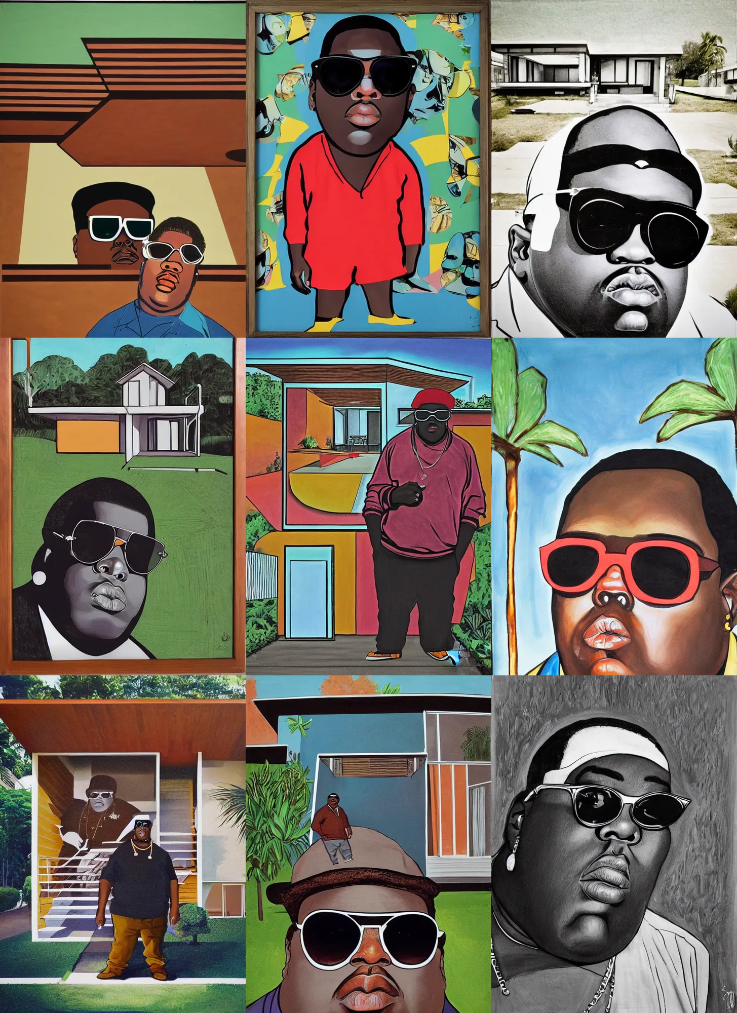 Prompt: biggie smalls wearing sunglasses standing in front of a mid century modern house by Carolina Rodriguez Fuenmayor, highly detailed