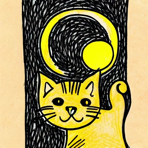 Prompt: tattoo sketch of a cat hugging the sun, on a yellow paper, vyzantium ornament, line art