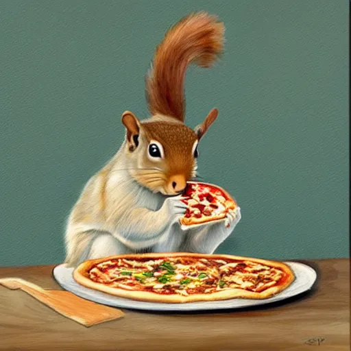 Prompt: a painting of a squirrel in kimono eating pizza in baroque style