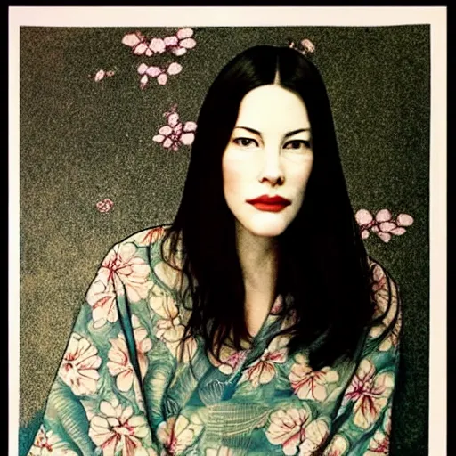 Image similar to “ liv tyler portrait by ikenaga yasunari and ayana otake and ko rakusui, 6 0 s poster, drawing, realistic, sharp focus, japanese, dreamy, nostalgia, faded, golden hues, floral clothes, porcelain skin ”