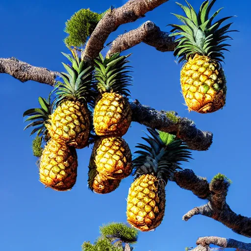 Image similar to photograph of pineapples on a lodgepole pine tree, high quality, 4 k, realistic