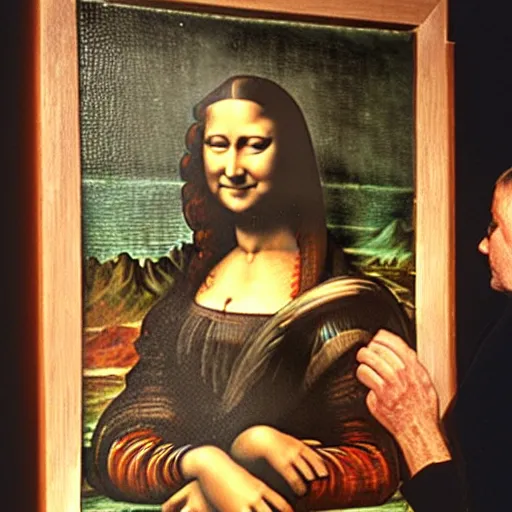 Image similar to rare old photo from behind of leonardo da vinci painting his unfinished painting of monalisa