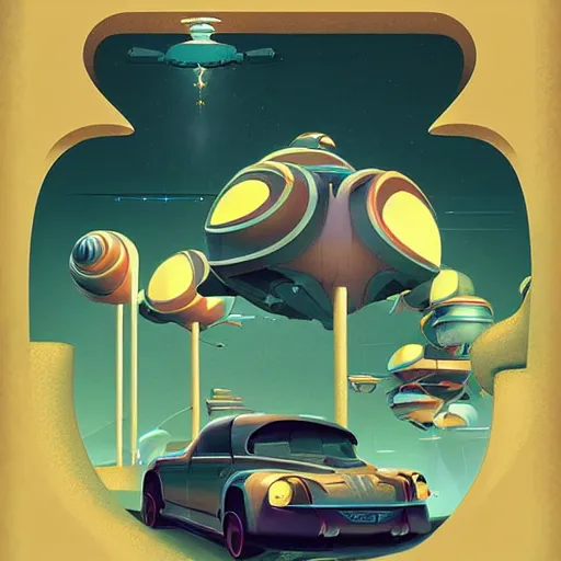 Image similar to isometric retro futuristic car ad by tyler edlin and petros afshar and christopher balaskas and marius borgeaud and kiliain eng, atomic age maximalist, art nouveau, well proportioned, highly detailed