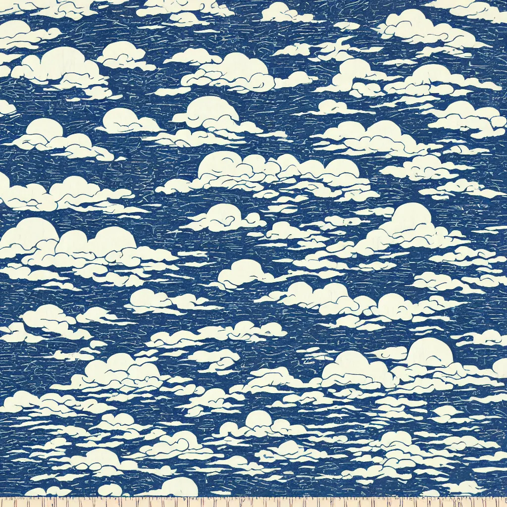 Image similar to optical illusion woodblock print, supercell clouds over the ocean stamp pattern