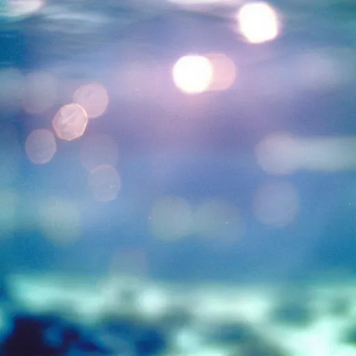 Prompt: analog photograph of a submerged city, fish swimming, rich azure tones, film grain, bokeh, depth of field