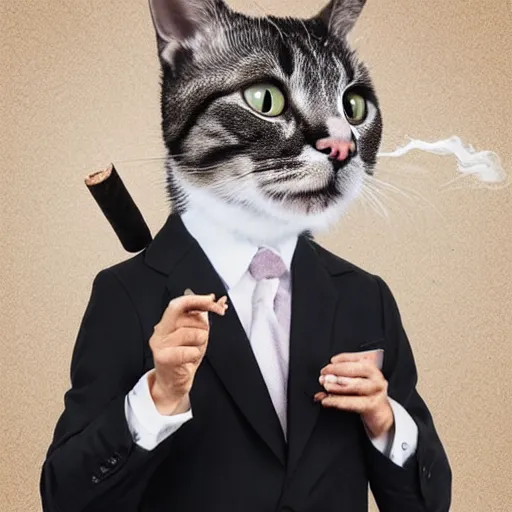 Image similar to cat wearing a suit smoking a cigar