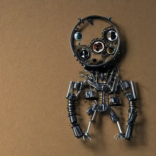 Prompt: clockwork man made of wires and tin, eyes shone bright in the night, bereft of soul and cast without a skin, he shambled and cried a plaintive plight.