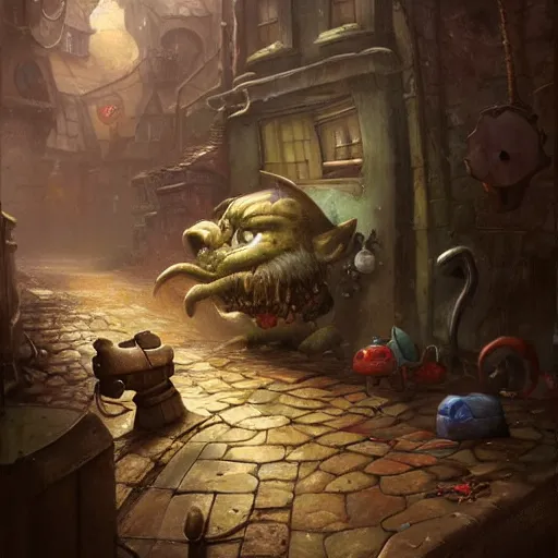 Image similar to anthropomorphic puddle with an angry sneer lurking in a damp alleyway , concept art, painting by Justin Gerard