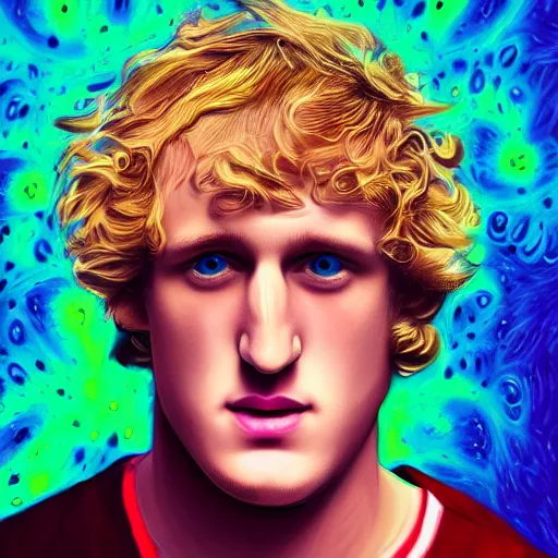 Image similar to an extremely psychedelic portrait of logan paul, lsd, face, detailed, intricate, elegant, lithe, highly detailed, digital painting, artstation, concept art, smooth, sharp focus, illustration