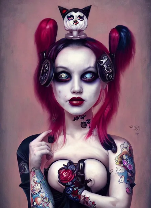 Image similar to pop surrealism, lowbrow art, realistic harley quinn painting, japanese street fashion, hyper realism, muted colours, rococo, natalie shau, loreta lux, tom bagshaw, mark ryden, trevor brown style,