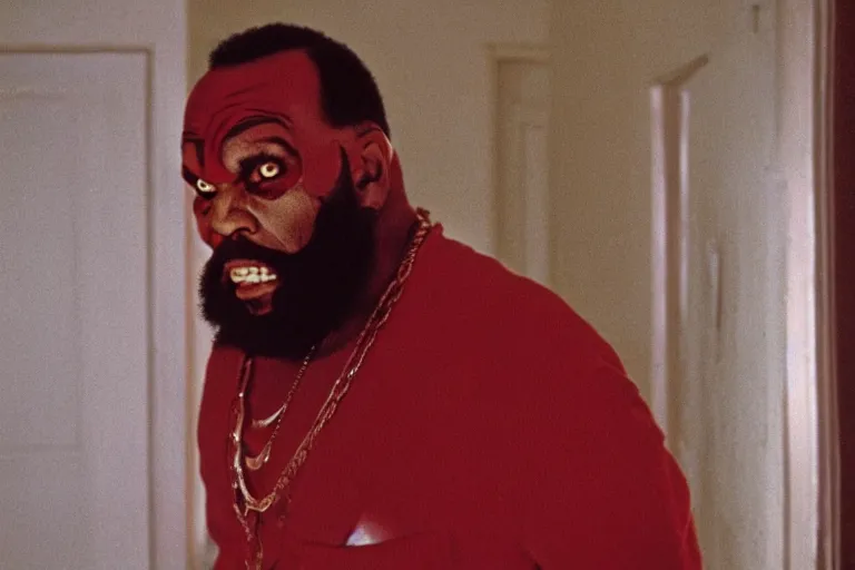 Prompt: mr. t as jack nicholson in the shining, dramatic lighting, horror