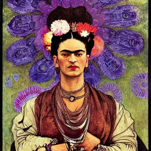 Image similar to frida kahlo dressed like an aztec empress surrounded by flowers, poster by alphons mucha