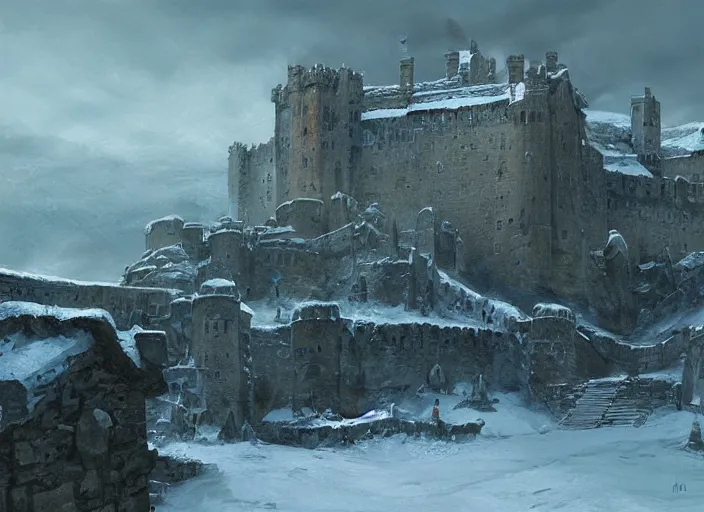 Prompt: painting of Winterfell, imposing, interesting perspective, painted by Marc Simonetti