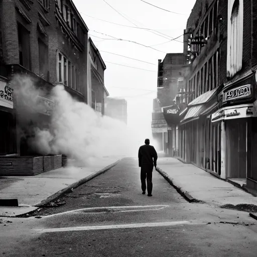 Image similar to tendrils of smoke twist around him as he walks down the lonely street of abandoned storefronts