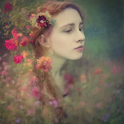 Prompt: a woman with a flower in her hair, an impressionist painting by anka zhuravleva, flickr contest winner, art photography, soft light, pre - raphaelite, enchanting