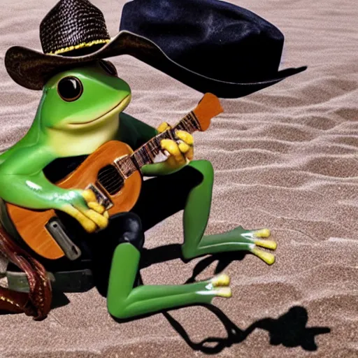 Image similar to an frog wearing cowboy outfit and holding an mini guitar in a desert