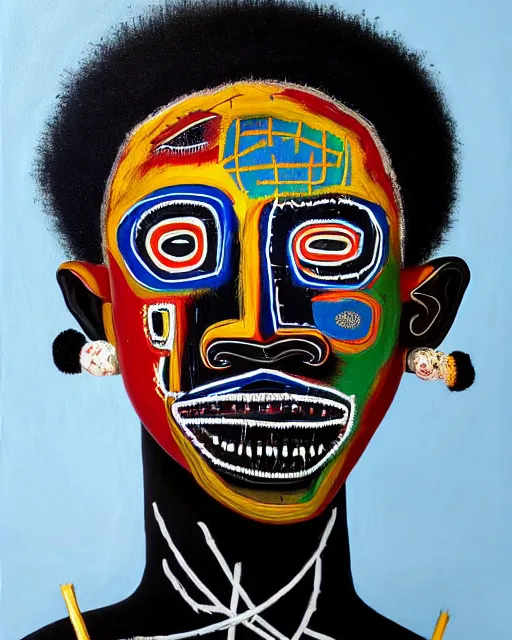 Image similar to A extremely ultra highly detailed majestic hi-res beautiful immaculate head and shoulders award winning painting stunning masterpiece of the face of a ultra highly detailed black African voodoo mask portrait by Jean-Michel Basquiat, 8k, high textures, ultra hyper sharp, insanely detailed and intricate, super detailed, 8k HDR ultra high quality, high detail, hyperrealist, photorealistic, octane render, cinematic, high textures, hyper sharp, 4k insanely detailed and intricate, surrealism, surrealist, real life, lifelike, 8k, hyper realistic, super detailed, realistic, 4k HDR hyper realistic high