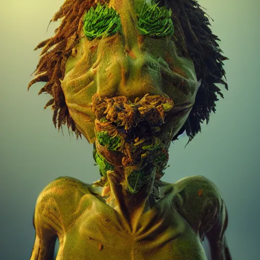 Image similar to cannabis plant as a humanoid, realistic artstyle, wide shot, dramatic lighting, octane render, hyperrealistic, high quality, highly detailed, HD, beautiful, cinematic, 8k, unreal engine, facial accuracy, symmetrical