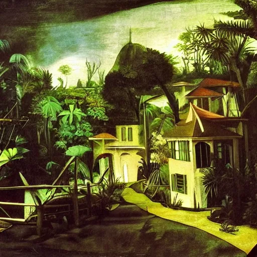 Prompt: a mystic town deep in the jungle, modern architecture, painted by caravaggio