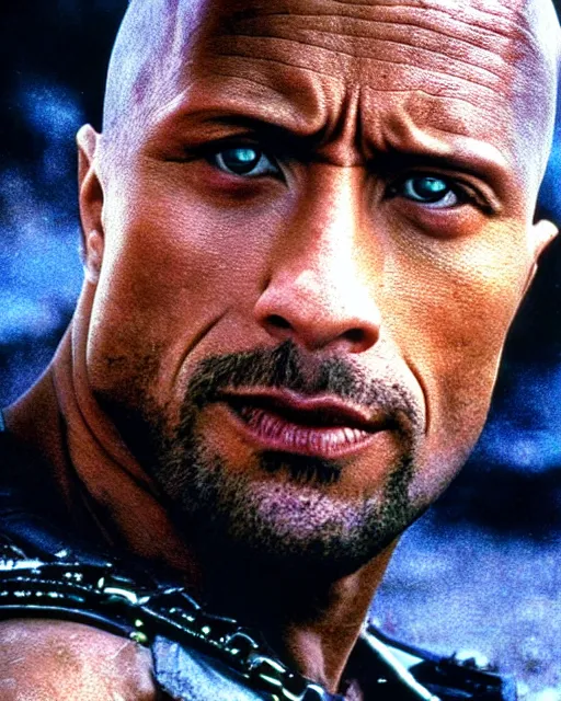 Image similar to film still close up shot of dwayne johnson in the movie mad max 2 the road warrior. photographic, photography