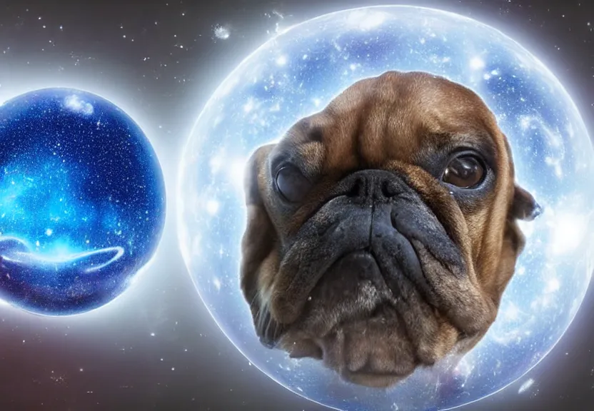 Image similar to a sphere, surface is textured with realistic dog faces, floating in space in front of nebula, high resolution photograph