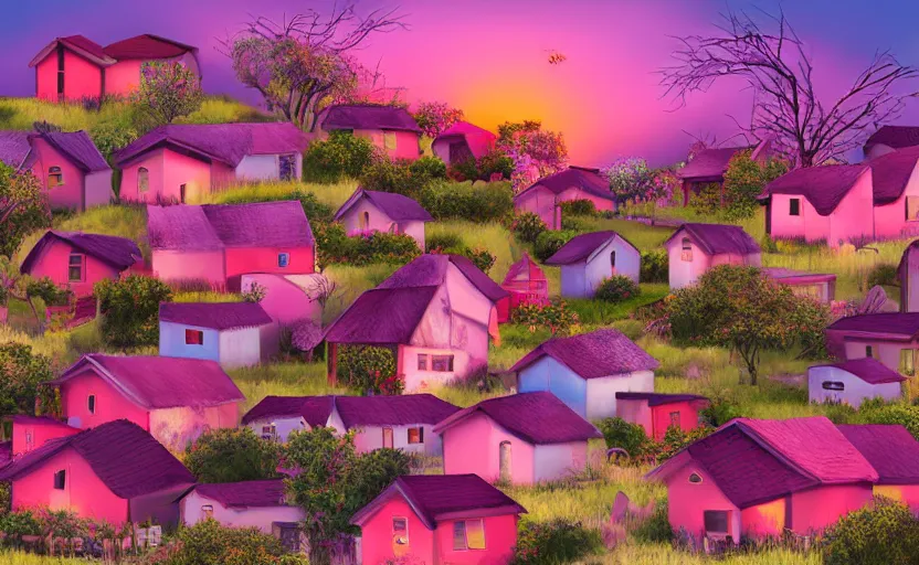 Prompt: village, houses with faces, sunset atmosphere, pink, low contrast, naive, detailed, photorealistic imagery