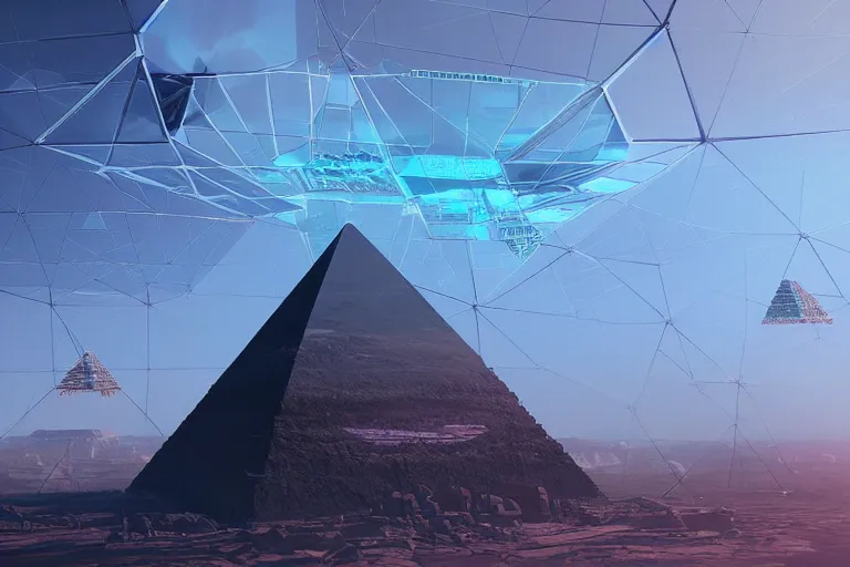 Image similar to concept art of levetating see through pyramid with fractal surface above a highly detailed mechanical landing pad, by beeple, artstation, CG society, blue skies