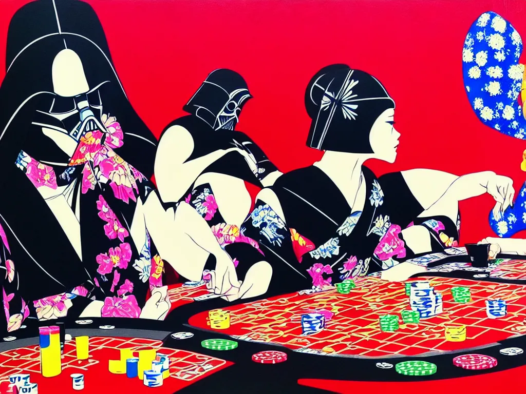 Image similar to hyperrealistic composition of the detailed woman in a japanese kimono sitting at a poker table with darth vader, fireworks, beautiful mountain in the background, pop - art style, jacky tsai style, andy warhol style, acrylic on canvas