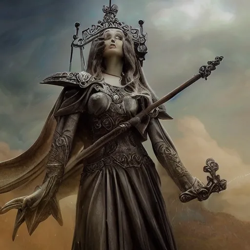 Image similar to lady justice, epic fantasy art, mystical atmosphere, epic, supernatural, goddess, mythology, landscape, clouds, mist, high detail, high definiton, ultra realistic, hyper realistic, ultra hd, 4 k uhd