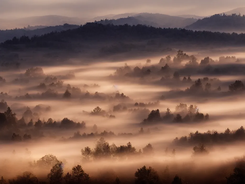 Prompt: landscape photography of foggy morning over the hills, golden hour, hyper realistic,