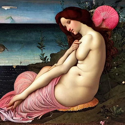 Image similar to an hyperrealistic mythological oil painting of venus with long curly brown hair, full body, wearing pink floral chiton, sleeping in a giant scallop shell, near the seashore, intricate lines, elegant, renaissance style, by sandro botticelli and william waterhouse -