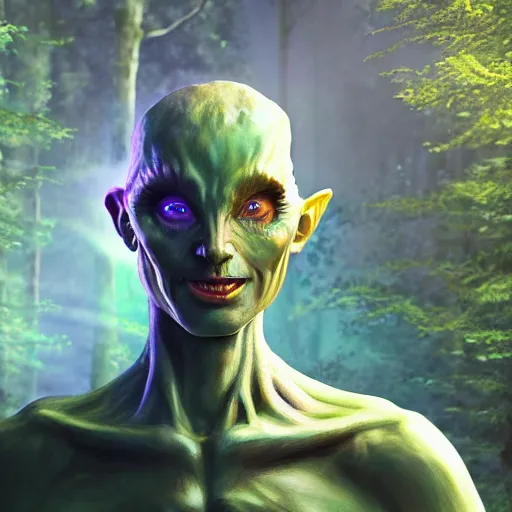 Image similar to A hyper real comic book style portait painting of a godlike alien creature with eletric energies in the woods, unreal 5, hyperrealistic, octane render, cosplay, RPG portrait, dynamic lighting