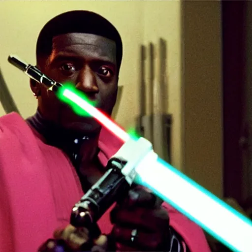 Image similar to gucci mane holding a lightsaber as mace windu in star wars episode 3, 8k resolution, full HD, cinematic lighting, award winning, anatomically correct