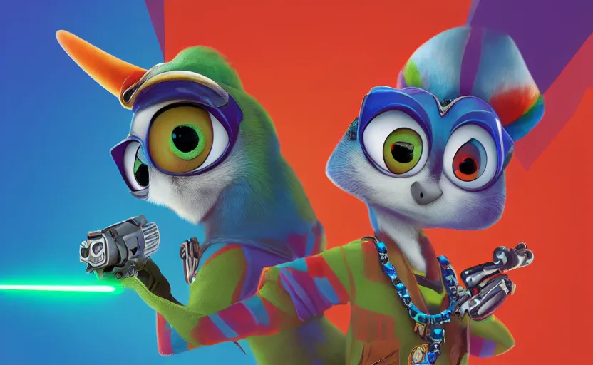 Prompt: “ one cute parrot with very big eyes, wearing a bandana and chain, holding a laser gun, standing on a desk, digital art, award winning, in the style of the movie zootopia ”