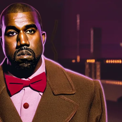 Image similar to Portrait of Kanye West as willy wonka in fallout new vegas, splash art, movie still, cinematic lighting, dramatic, octane render, long lens, shallow depth of field, bokeh, anamorphic lens flare, 8k, hyper detailed, 35mm film grain