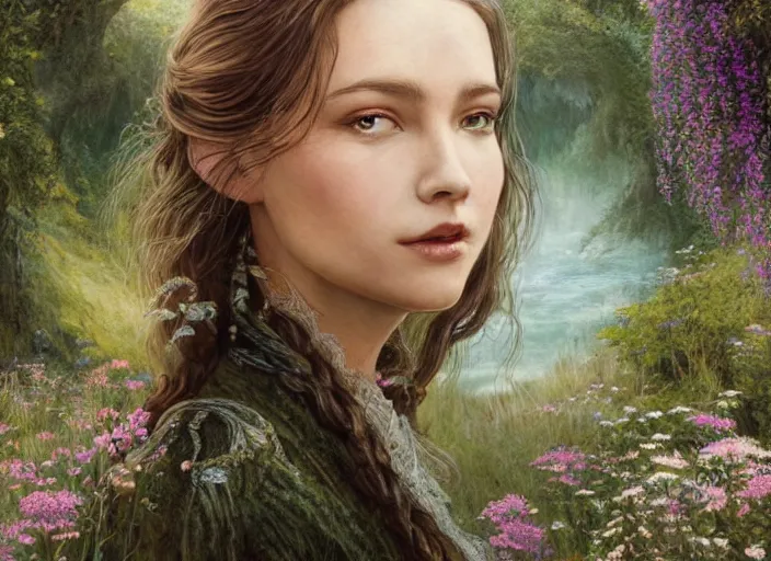 Image similar to portrait of a beautiful women with wings of lace in a lord of the rings scenery landscape, symmetrical body, face by artgerm, river, tall flowers, sunny day, highly detailed, perfect lighting, perfect composition, 4 k, by alan lee, by derek zabrocki, by greg rutkowski