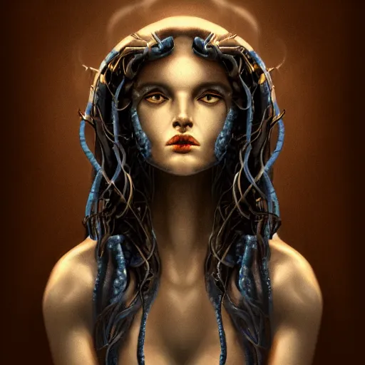 Prompt: dark portrait of medusa, deep blue, silver wires instead of snakes, high detail concept art, dark fantasy, backlight, atmospheric, trending on artstation