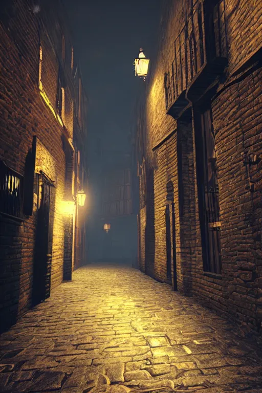 Image similar to old victorian london back alley lit by candles with dark shadows, unreal engine