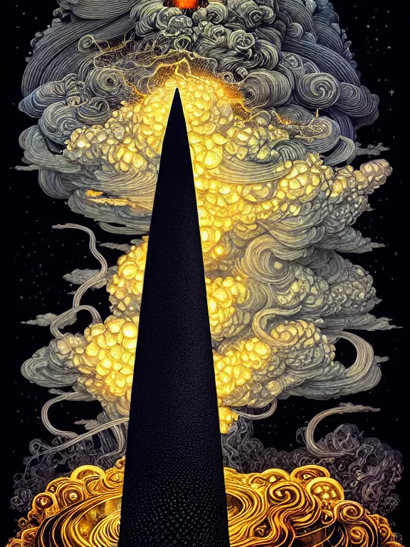 Prompt: black electric flames of silver engulfing an obsidian obelisk by victo ngai and karol bak, rococo, smoky, highly detailed, hyperrealistic, energy, low light, high contrast, bright sky