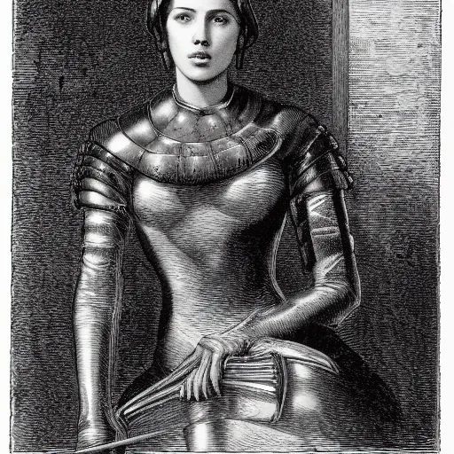 Image similar to engraving portrait of scarlet johansson in medieval armoury by gustave dore