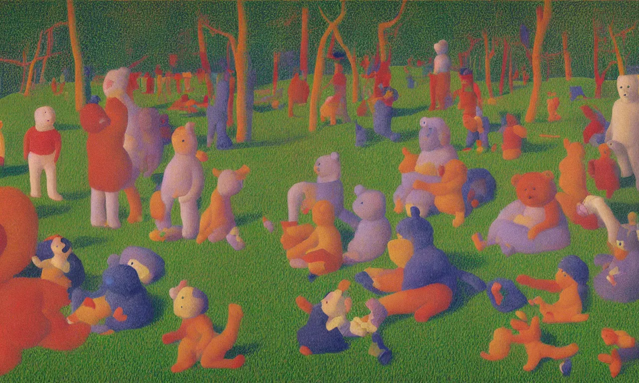 Image similar to a teddy bear birthday party, from the terrifying and incomprehensible beyond, body horror, by david hockney, seurat technicolor