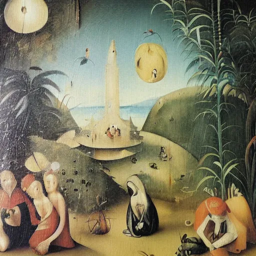 Prompt: a framed painting of a beautiful hieronymus bosch tropical landscape