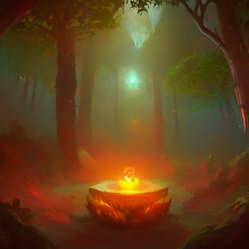 Image similar to a magical glowy artifact in the middle of a lush forest, digital painting, artstation contest winner, high quality, fantasycore