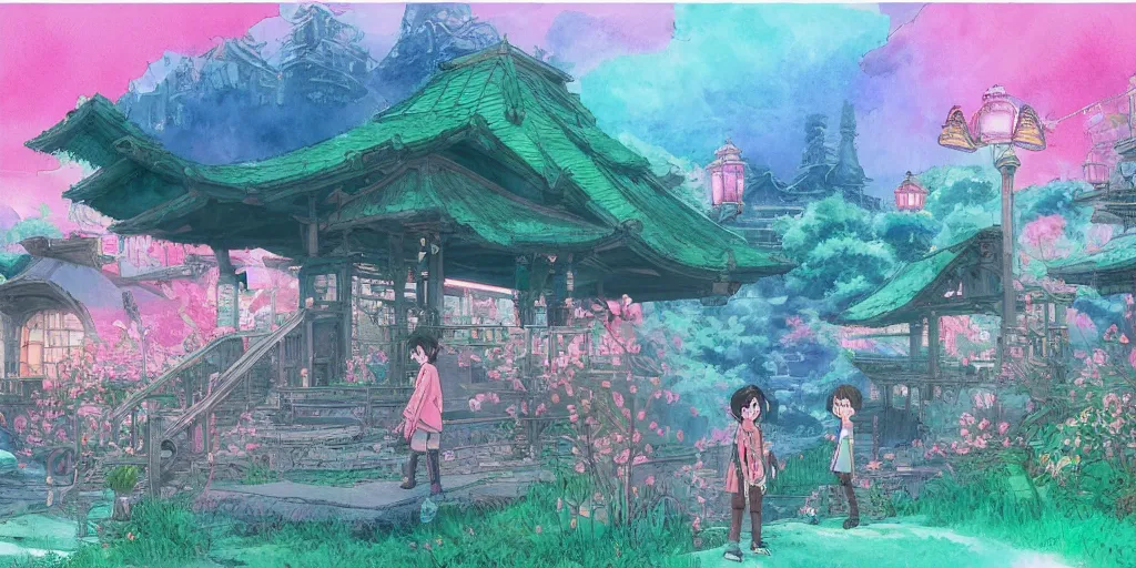 Image similar to bathhouse and nature, modern contemporary, lanterns. watercolor art, expansive cinematic view, volumetric shading, intricate and detailed, highly saturated colors. breath of the wild style, by hayao miyazaki ghibli!!!. pastel!! pink!! accents. trending on artstation. award winning