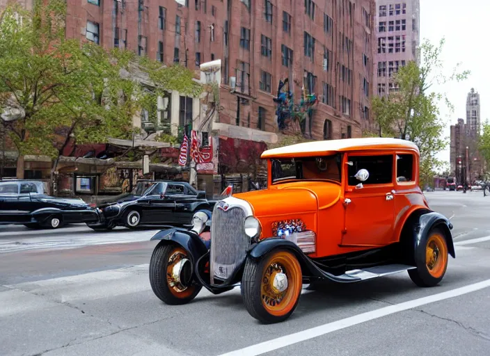 Prompt: touring chicago in a 1 9 3 0 model a ford hot rod, lowbrow style by jasmine becket - griffith and danny flynn